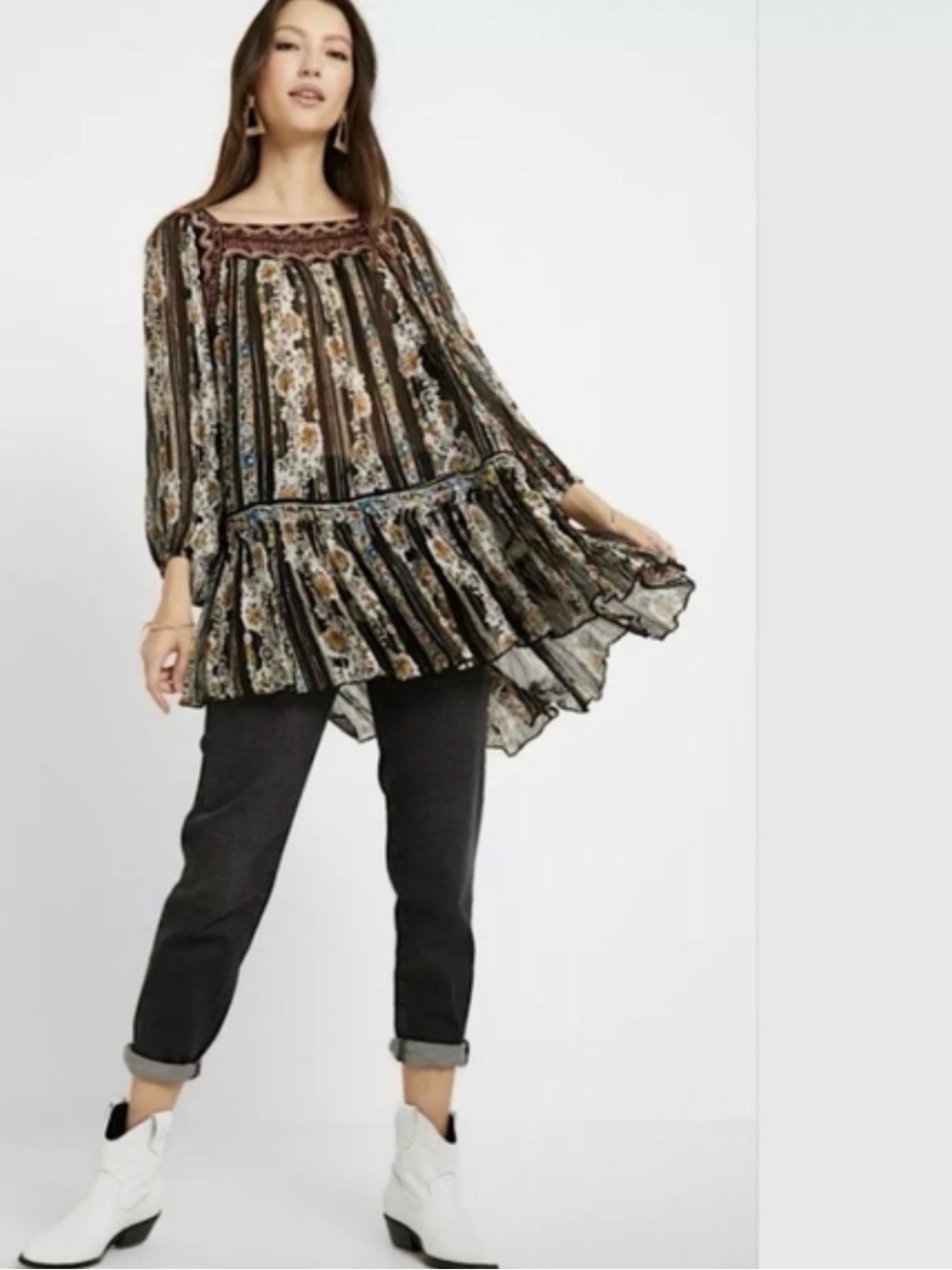 Free People Black Floral Striped Boho Tunic